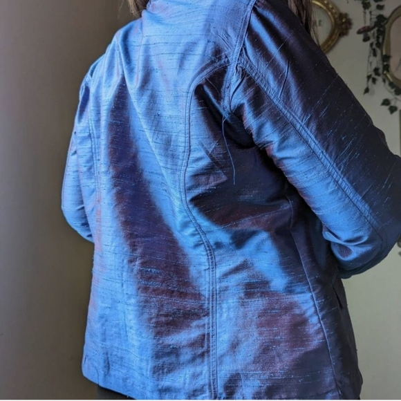 Chico's Royal Blue Iridescent 100% Silk Open Blazer Jkt w/ Braided edges sz1 M - Picture 6 of 10